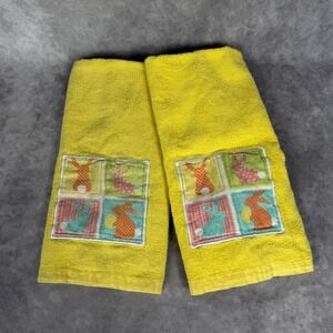 2 Vtg Easter Bunny Rabbit Yellow Hand Towels Set Cotton Spring Decor Applique